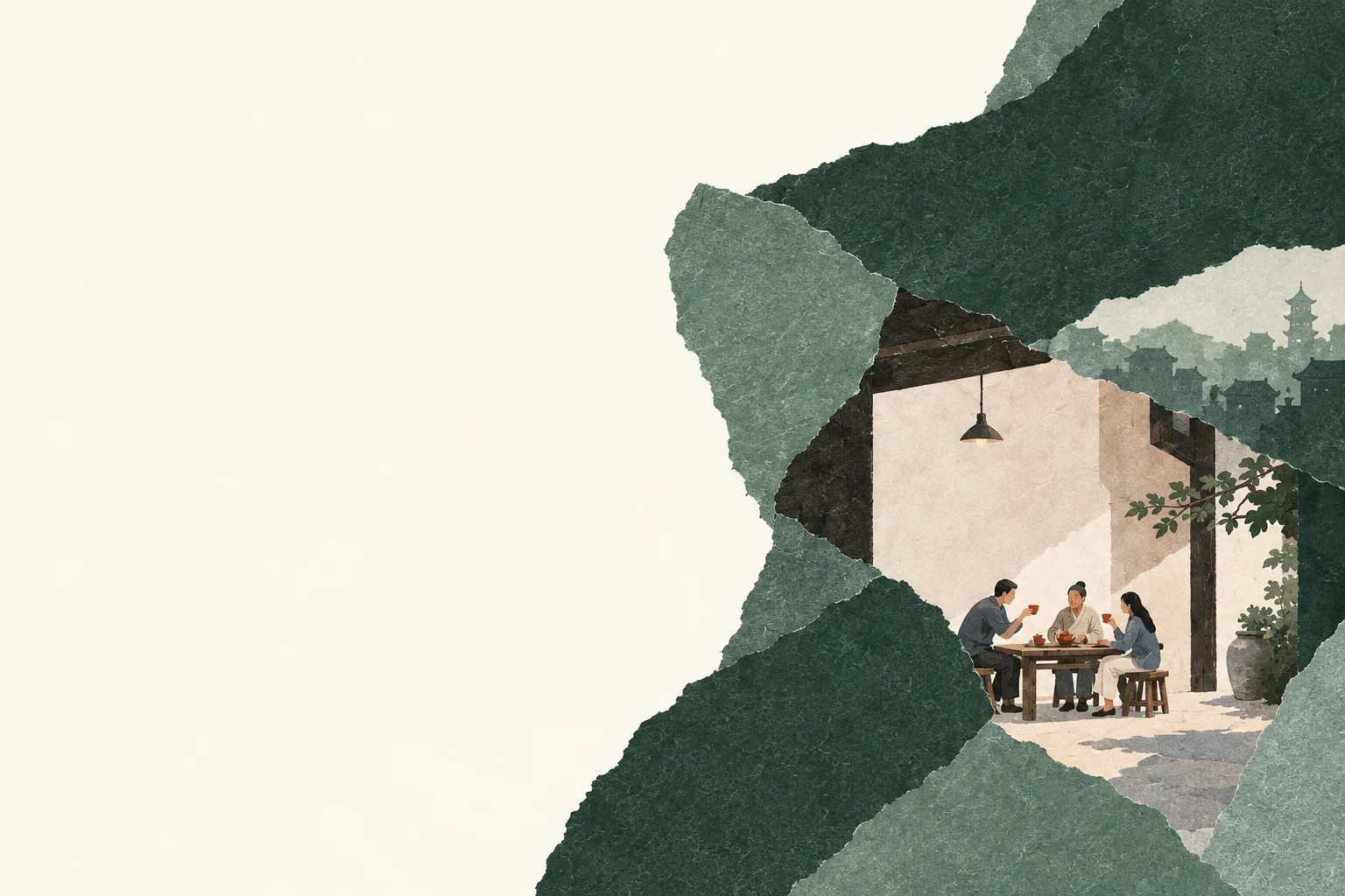 Paper collage illustration of travelers sharing tea in a courtyard